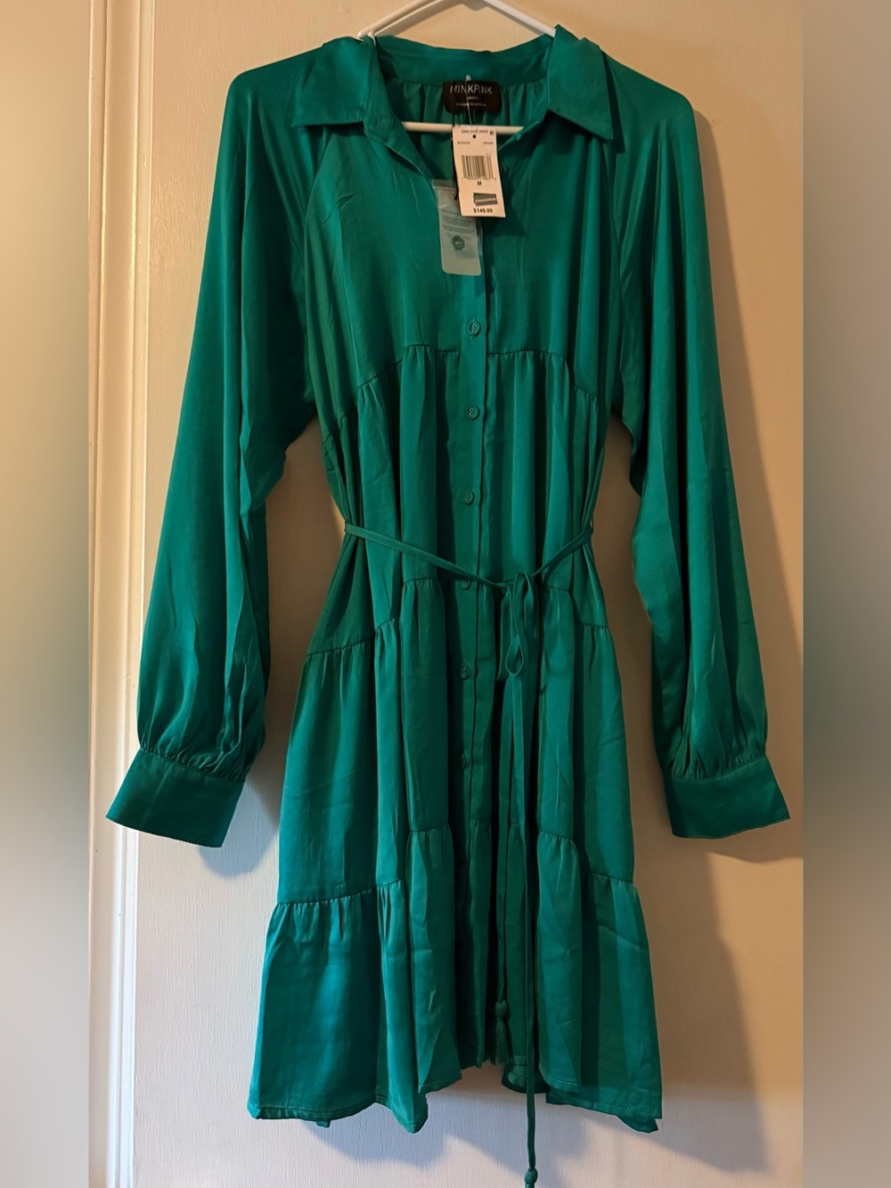 MINKPINK Green Button-Front Tiered Shirt Dress.